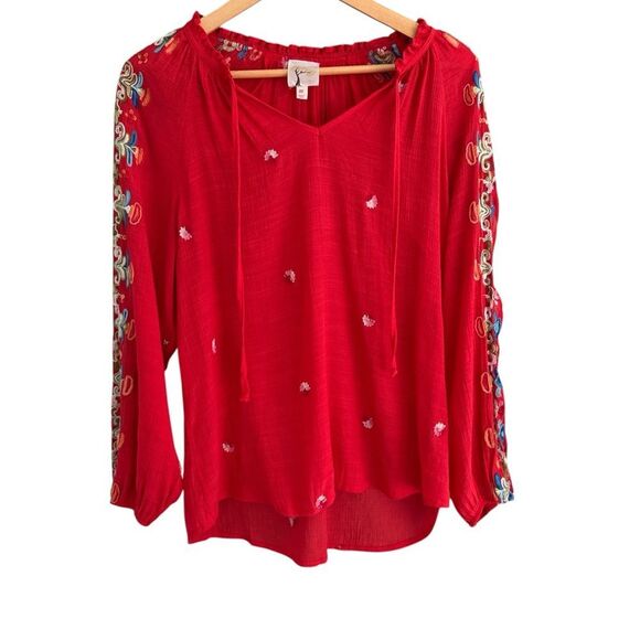 Figueroa and Flower Red Embroidered Size Medium Relaxed Blouse - Picture 1 of 7